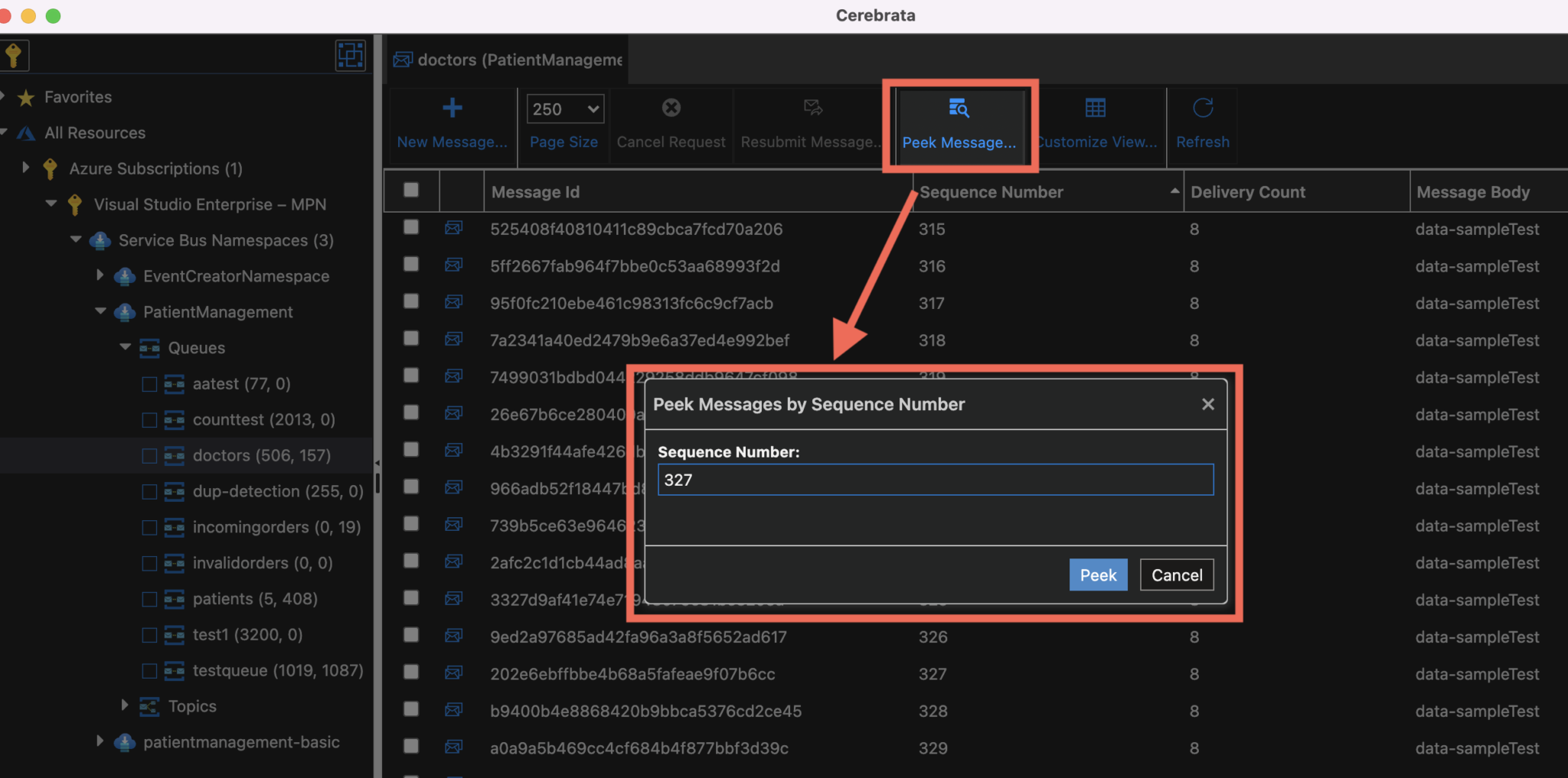 Peek Messages by sequence number in Azure Service bus